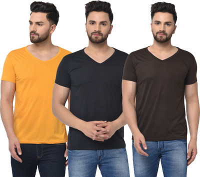 Jaskart Solid Men V Neck Brown, Black, Yellow T-Shirt