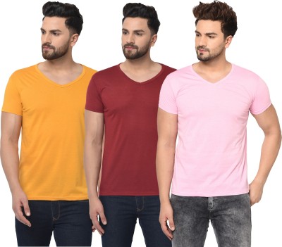 Jaskart Solid Men V Neck Maroon, Pink, Yellow T-Shirt