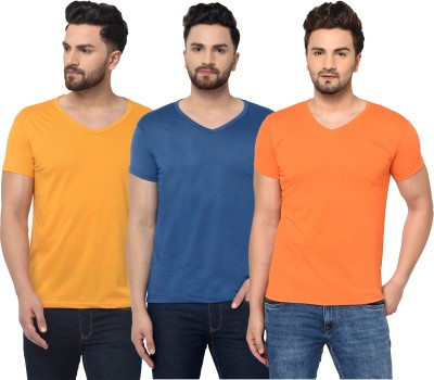 Jaskart Solid Men V Neck Dark Blue, Orange, Yellow T-Shirt