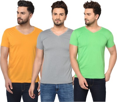 Jangoboy Solid Men V Neck Grey, Yellow, Light Green T-Shirt