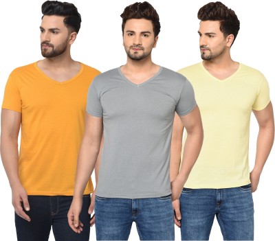 Bribzy Solid Men V Neck Grey, Yellow T-Shirt