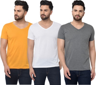 Jaskart Solid Men V Neck White, Grey, Yellow T-Shirt