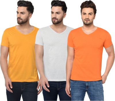 Jaskart Solid Men V Neck White, Orange, Yellow T-Shirt