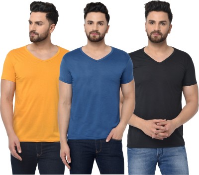 Jaskart Solid Men V Neck Dark Blue, Black, Yellow T-Shirt