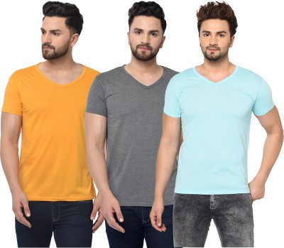 Jaskart Solid Men V Neck Light Blue, Grey, Yellow T-Shirt