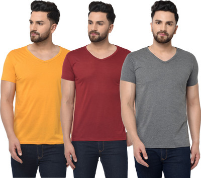 Jaskart Solid Men V Neck Maroon, Grey, Yellow T-Shirt