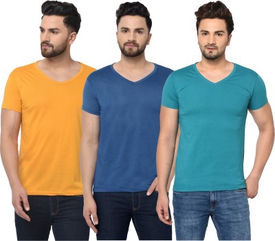 Bribzy Solid Men V Neck Dark Blue, Blue, Yellow T-Shirt