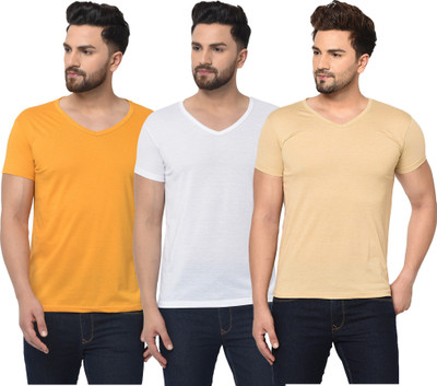 Unite Wear Solid Men V Neck White, Beige, Yellow T-Shirt