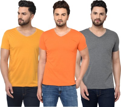 Tivy Solid Men V Neck Orange, Grey, Yellow T-Shirt
