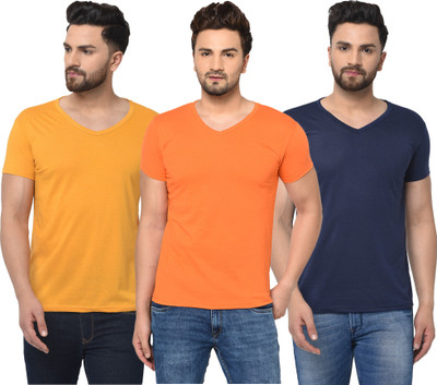 Bribzy Solid Men V Neck Dark Blue, Orange, Yellow T-Shirt