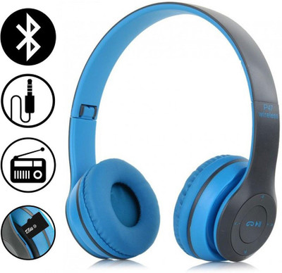 BASS BLING Wireless Bluetooth Portable Sports Headphones with Microphone, FM Stereo Bluetooth & Wired(Blue, On the Ear)