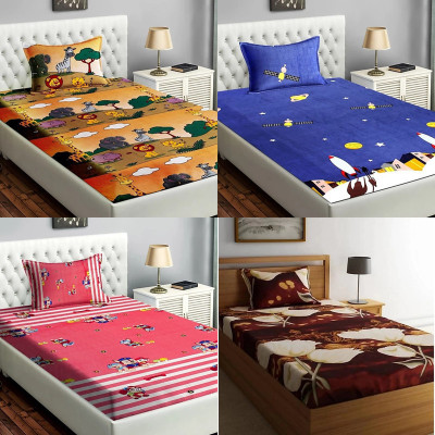 HSR Collection 200 TC Microfiber Single 3D Printed Flat Bedsheet(Pack of 4, Multicolor)