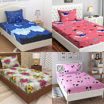 HSR Collection 200 TC Microfiber Single 3D Printed Flat Bedsheet(Pack of 4, Multicolor)