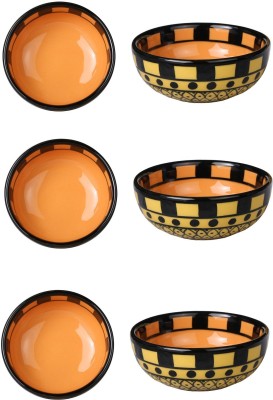 caffeine Ceramic Vegetable Bowl Handmade Orange & Yellow Traditional(Pack of 6, Orange)