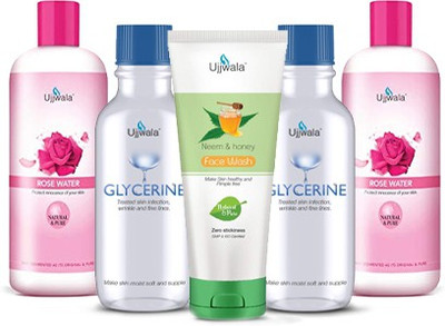 Ujjwala Natural and Pure Rose Water (Gulab Jal) 100 ml+ 100 ml + Glycerine Fresh 60gm + 60 gm and Neem & Honey v face Wash 50gm(Combo of 5)(5 Items in the set)