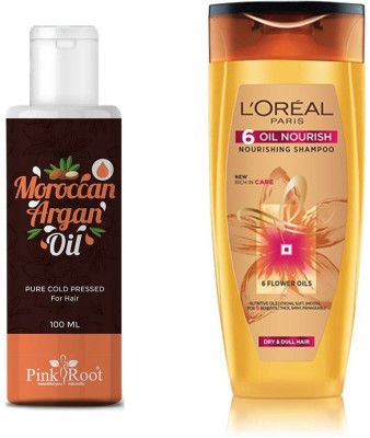 PINKROOT Moroccan Argan Oil 100ml with L'oreal 6 Oil Nourish Shampoo 175ml(2 Items in the set)