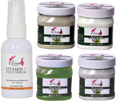 I TOUCH HERBAL NEEM SCRUB,CREAM,PACK,GEL (500 ML X 4 ) AND VITAMIN C FACE SERUM 60 ML ( PACK OF 5)(5 Items in the set)