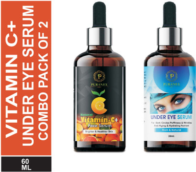 puranex Anti Wrinkle Under Eye Serum Enriched with Vitamin C, B3 & E with dark spot removal Benefits-30ml (PACK OF 1) 30ml & VITAMIN C+ SERUM For BRIGHTENING, SPOT LESS, GLOWING SKIN-30ml (PACK OF 1) 30ml(2 Items in the set)