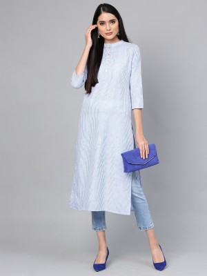 Indo Era Women Striped Straight Kurta(White, Blue)