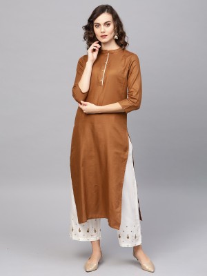 Indo Era Women Solid Straight Kurta(Brown)