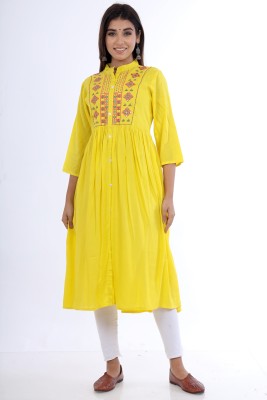 ShreeJeeFab Women Embroidered Straight Kurta(Yellow)