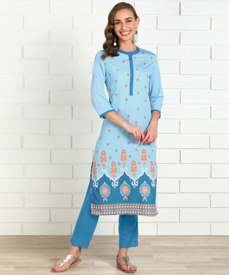 Anmi Printed Women Straight Kurta(Blue)