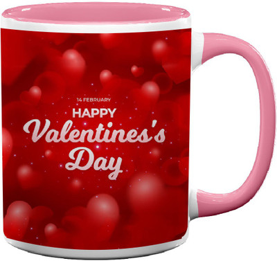 COLOR YARD best happy valentines day gift with blurred heart background design on pink inner handle Ceramic Coffee Mug(320 ml)