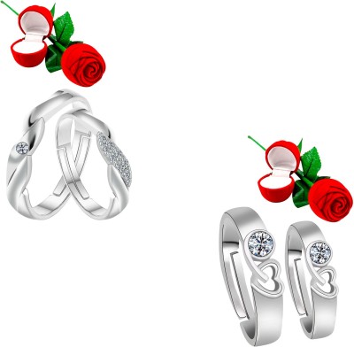 ShreejiHuf Adjustable Couple Rings Set for lovers with 2 Piece Red Rose Gift Box Silver Plated Designer Ring for Men and Women Alloy Ring Set