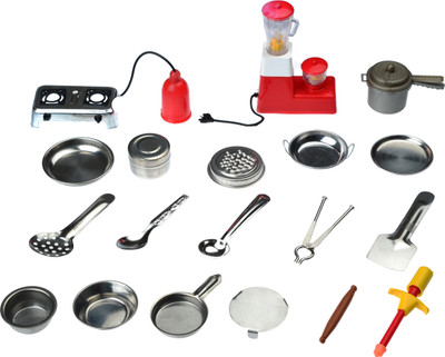 ToyDor 100 % Organic Steel Doll Kitchen Set for Girls Kids Toys for Kids With Spoon Bowl etc Cutlery Non Toxic BPA Free Material - mzid 2