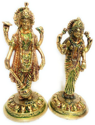 vrindavan shopi Pure Brass Laxmi Narayan Idols Pair Statue/Unique Stayle Painted Brass Laxmi Vishnu Idols for Home and Office Temple 8 inches Pair Decorative Showpiece  -  10 cm(Brass, Gold)