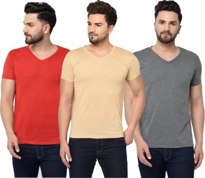 Jangoboy Solid Men V Neck Red, Beige, Grey T-Shirt