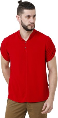 IDENTITI Solid Men Mandarin Collar Red T-Shirt