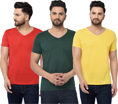 Jangoboy Solid Men V Neck Red, Green, Yellow T-Shirt