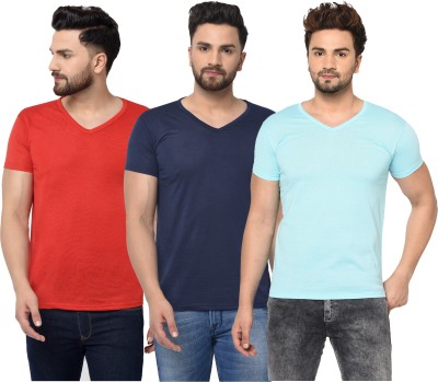 Jaskart Solid Men V Neck Light Blue, Red, Blue T-Shirt