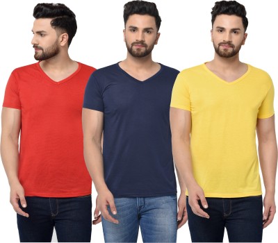 Adorbs Solid Men V Neck Dark Blue, Red, Yellow T-Shirt