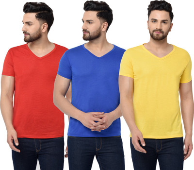 Jangoboy Solid Men V Neck Red, Blue, Yellow T-Shirt