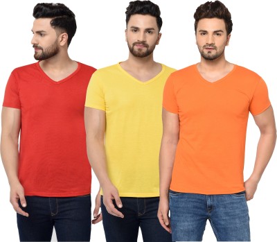 Tivy Solid Men V Neck Red, Orange, Yellow T-Shirt