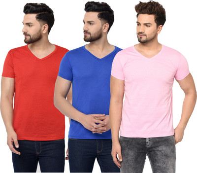 Jangoboy Solid Men V Neck Red, Blue, Pink T-Shirt