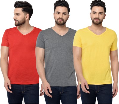 Tivy Solid Men V Neck Red, Grey, Yellow T-Shirt