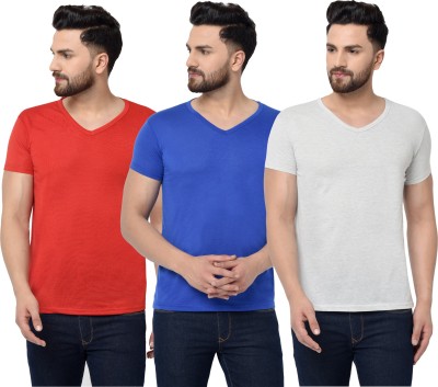 Tivy Solid Men V Neck Red, White, Blue T-Shirt