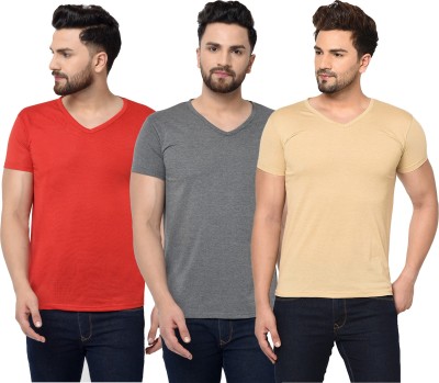 Jangoboy Solid Men V Neck Red, Grey, Beige T-Shirt