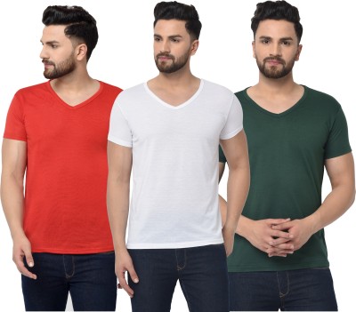 Tivy Solid Men V Neck Red, White, Green T-Shirt