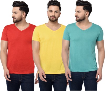 Tivy Solid Men V Neck Red, Green, Yellow T-Shirt