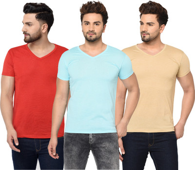 Jangoboy Solid Men V Neck Light Blue, Red, Beige T-Shirt