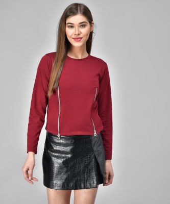 Raabta Fashion Solid Women Round Neck Maroon T-Shirt