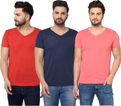 Jaskart Solid Men V Neck Dark Blue, Red, Pink T-Shirt