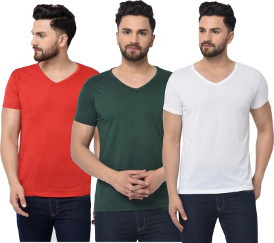 Jangoboy Solid Men V Neck Red, White, Green T-Shirt