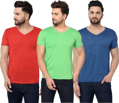 Jaskart Solid Men V Neck Dark Blue, Red, Light Green T-Shirt