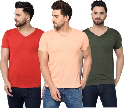 Bribzy Solid Men V Neck Red, Green, Beige T-Shirt