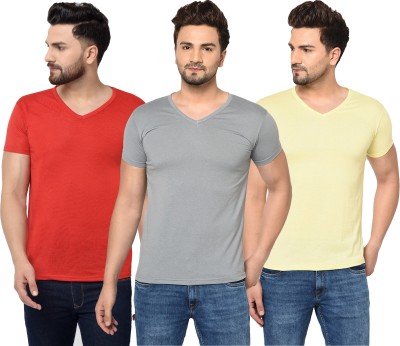 Jaskart Solid Men V Neck Red, Grey, Yellow T-Shirt